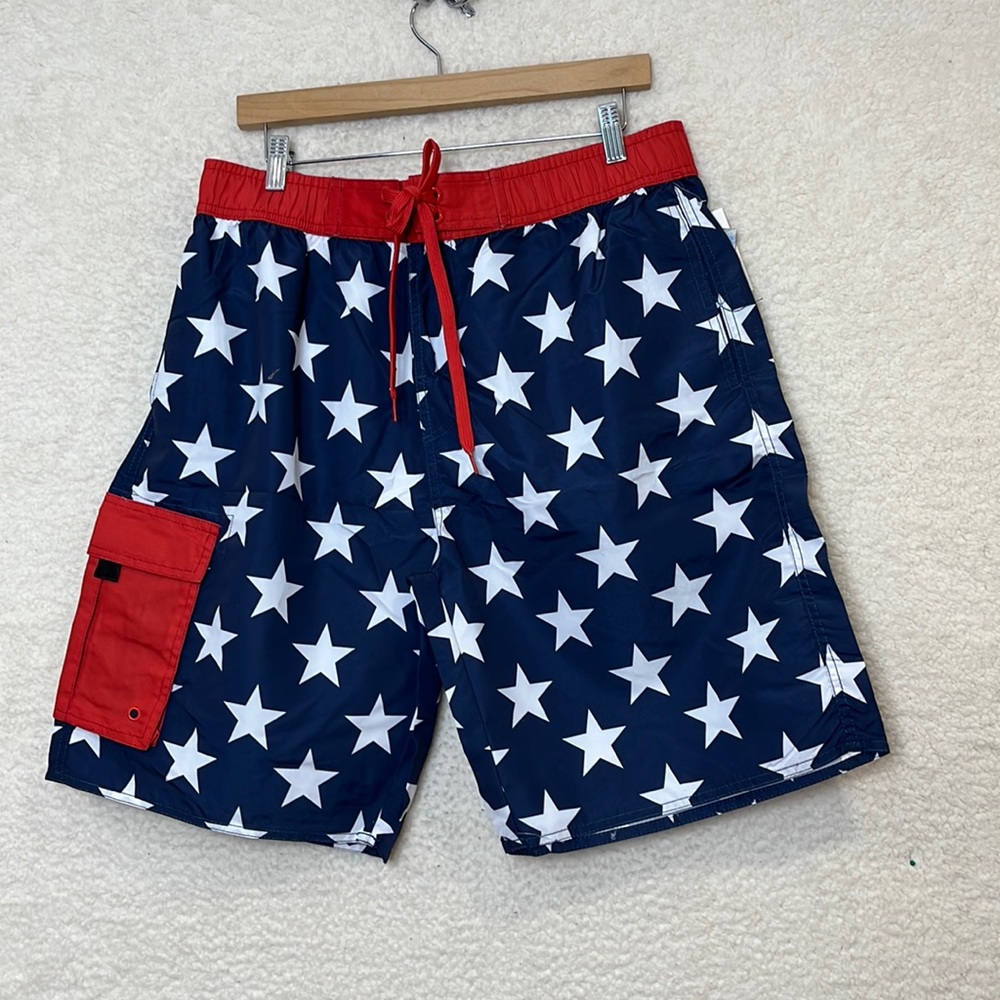NWT Stillwater Supply Co Mens Navy & Stars Elastic Waist Tie Swim Trunks XL